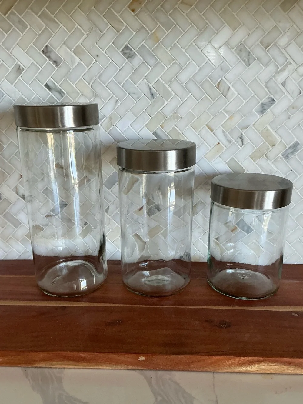 Three Glass Kitchen Storage Jars with Silver Lid - Clear